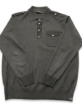 Gianni Marcelo Men's Large Charcoal Gray Fine Knit Polo Sweater w/ Epaulets READ